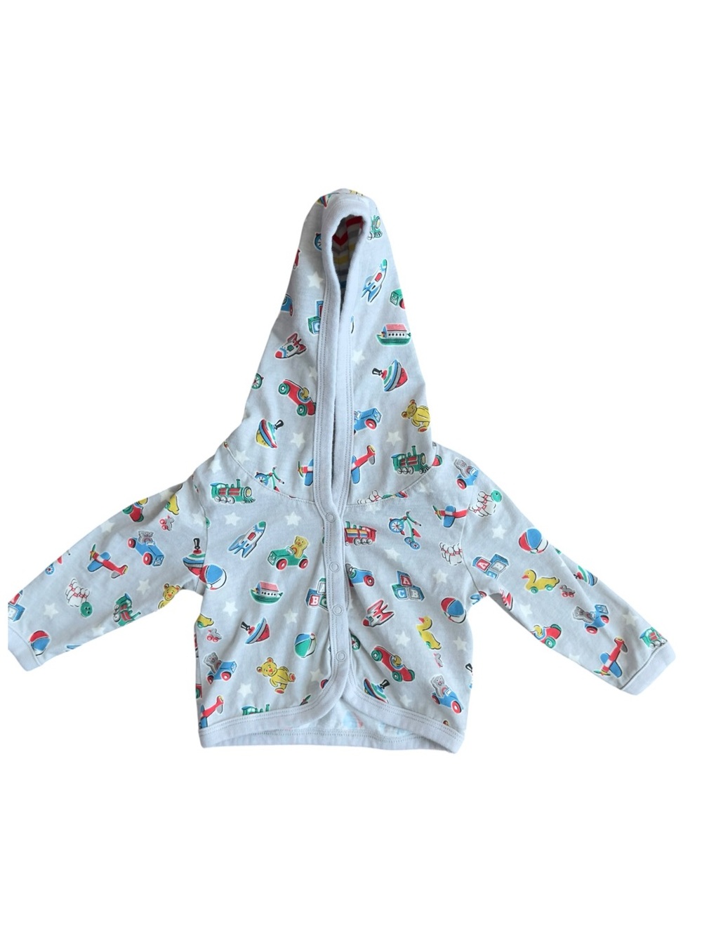 Cath Kidston Baby Colorful Toy Print Hooded Snap Front Sweatshirt. 0-3 Months.